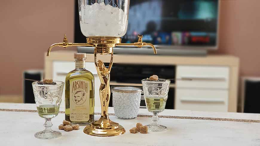 Gold Plated Absinthe Fountain Lady Style with Absinthe Glasses