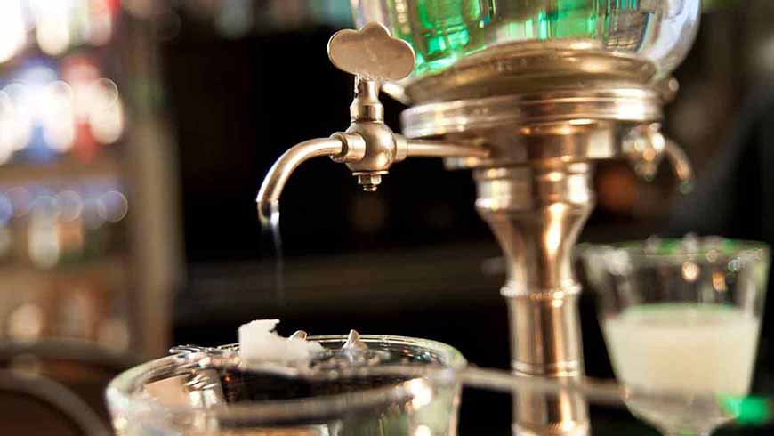 Silver Absinthe Fountain With Two Glasses of Absinthe